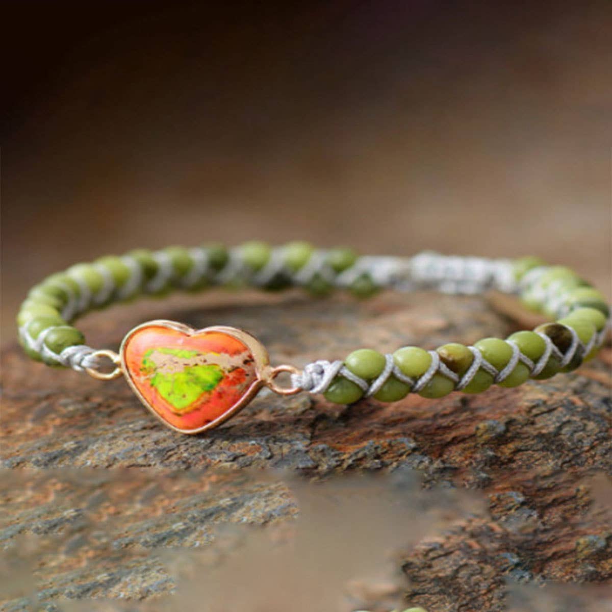 HEART SHAPED CHARM NATURAL STONE WOVEN BRACELET