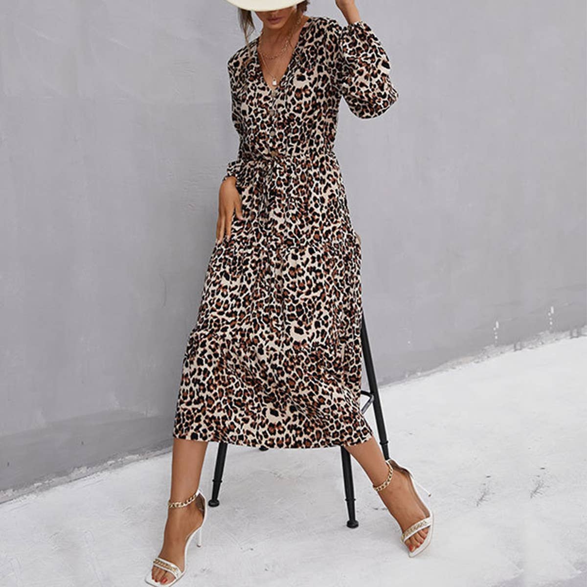 LEOPARD PRINT V-NECK LONG DRESS WITH RUFFLES