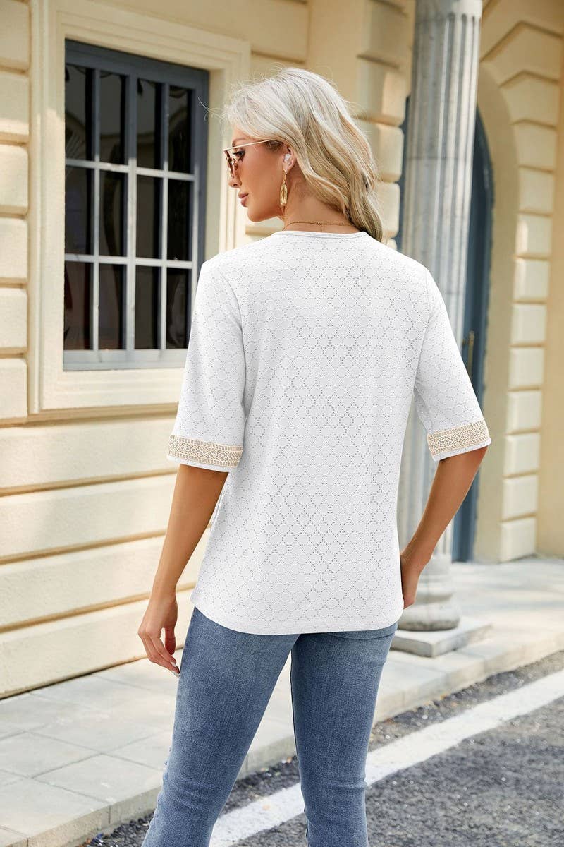 V NECK LACE STITCHING SOLID COLOR LOOSE TOP_CWTSTS0187