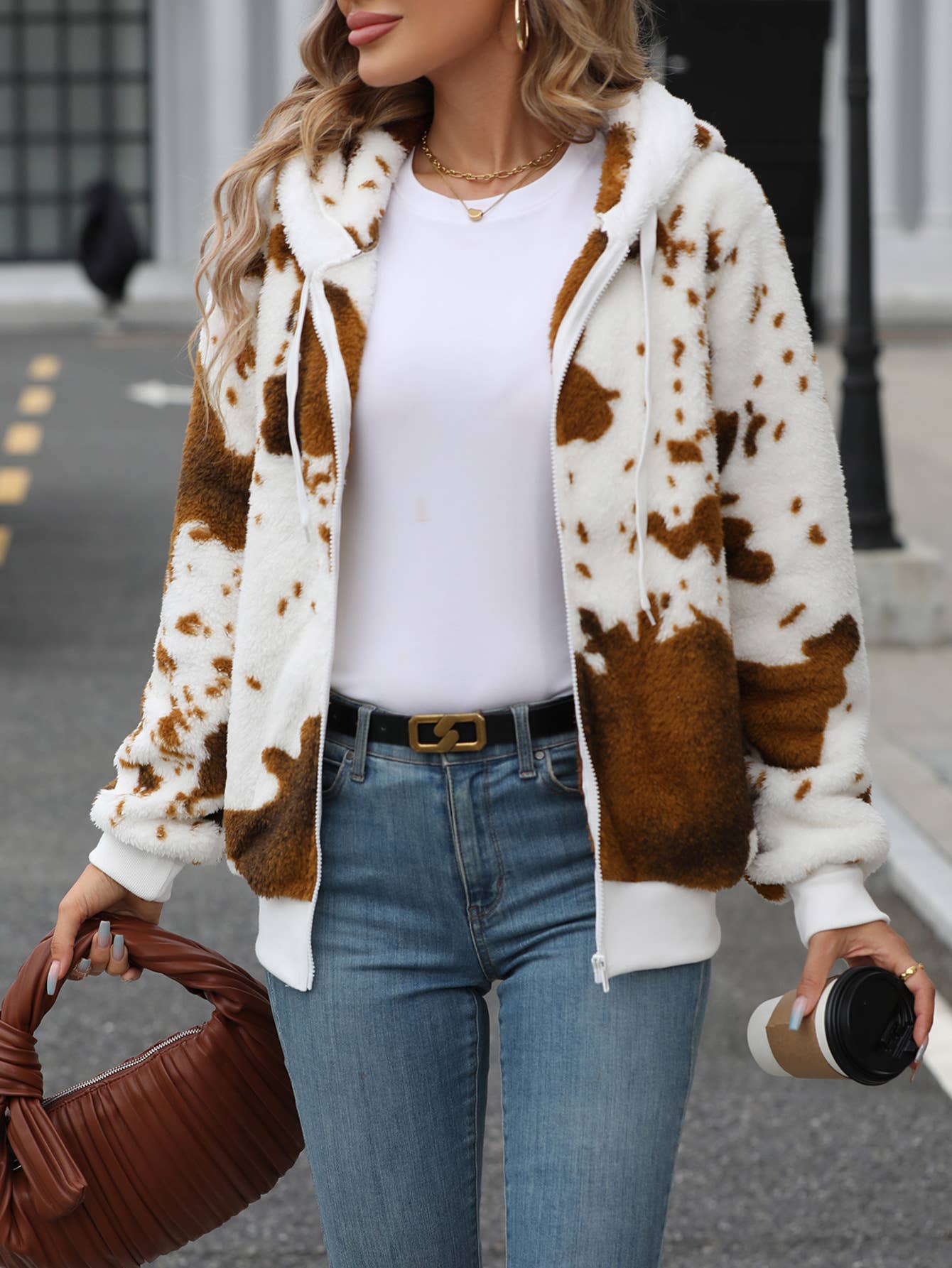 HOODED ZIPPER FLEECE PRINTED CARDIGAN COAT