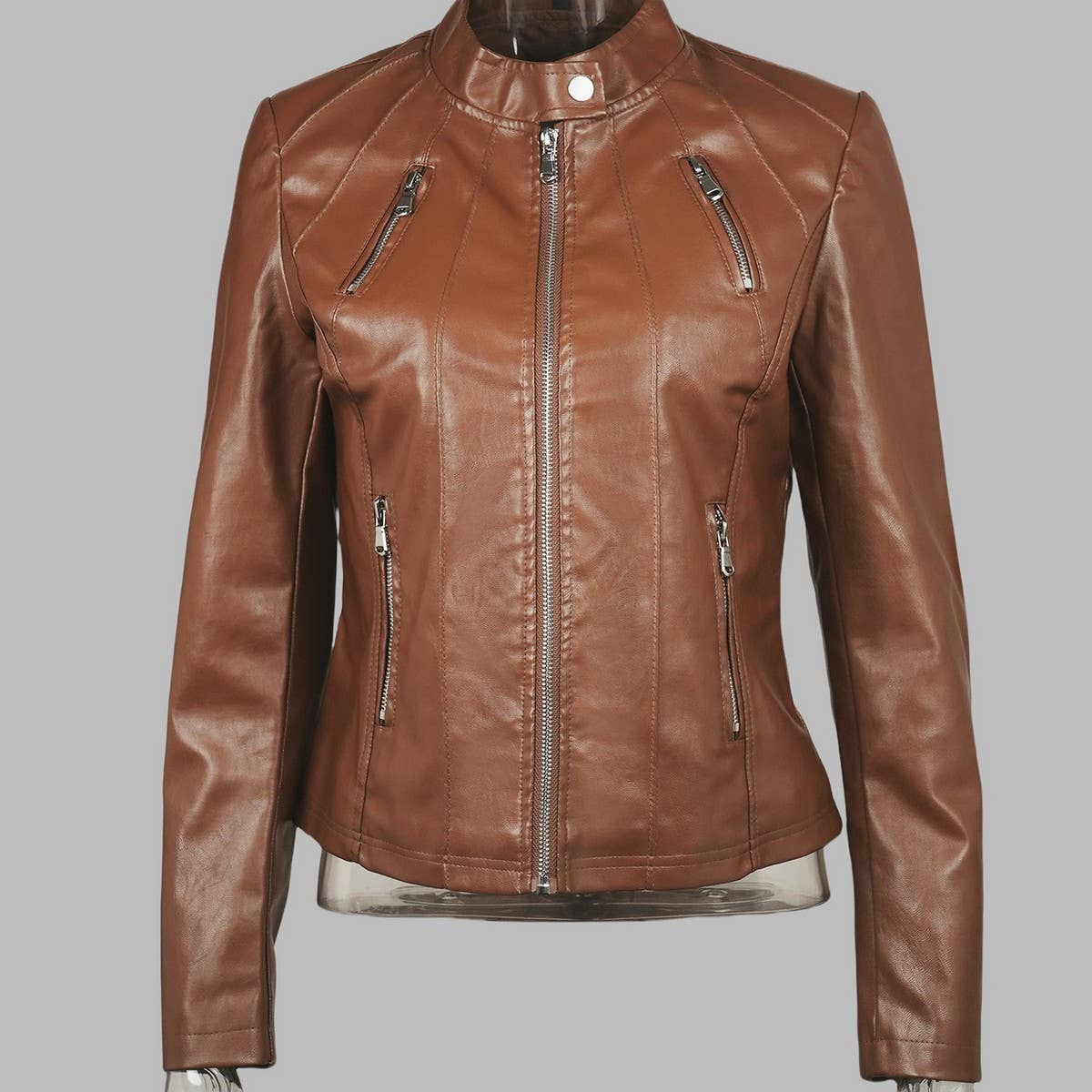 Slim Fit Stand Collar Faux Leather Jacket Women_CWMM9025