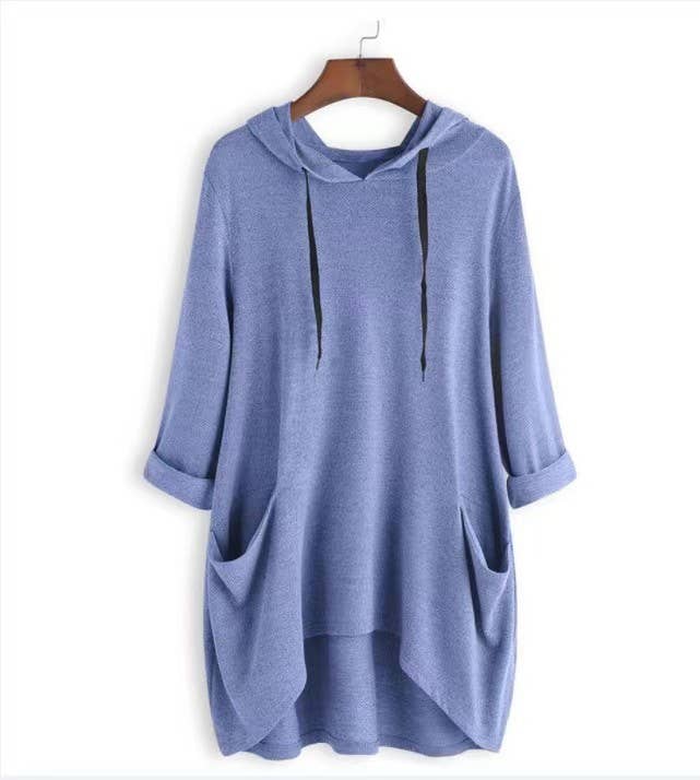 HOODED SOLID COLOR BAGGY IRREGULAR POCKET TOP