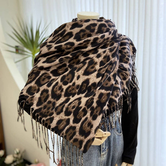 Leopard Print Scarf - Thick Tassel Winter Wrap