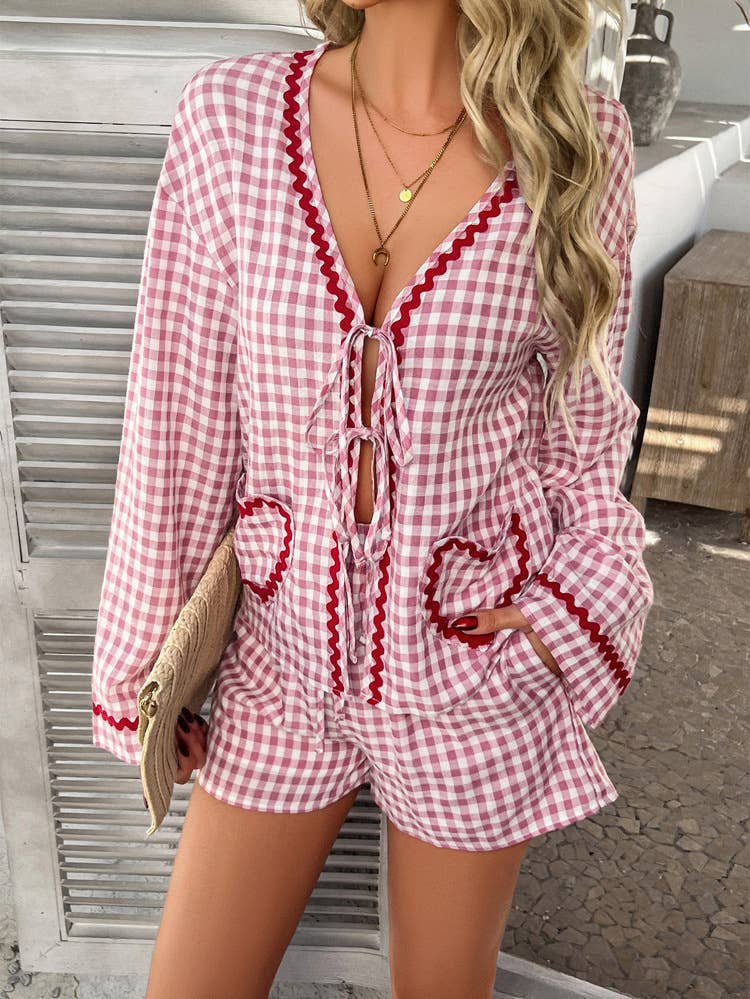 Lace printed lace-up rayon long sleeve shorts set