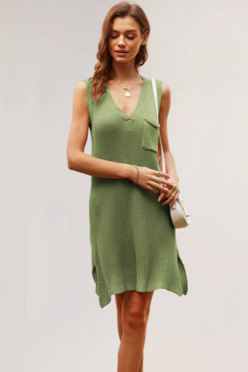 CWDSD3917_KNIT V-NECK SLEEVELESS SHORTS DRESS