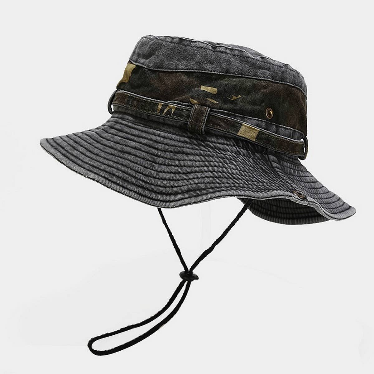 Camouflage Wide Brim Sun Hat with Chin Strap_CWAH3827