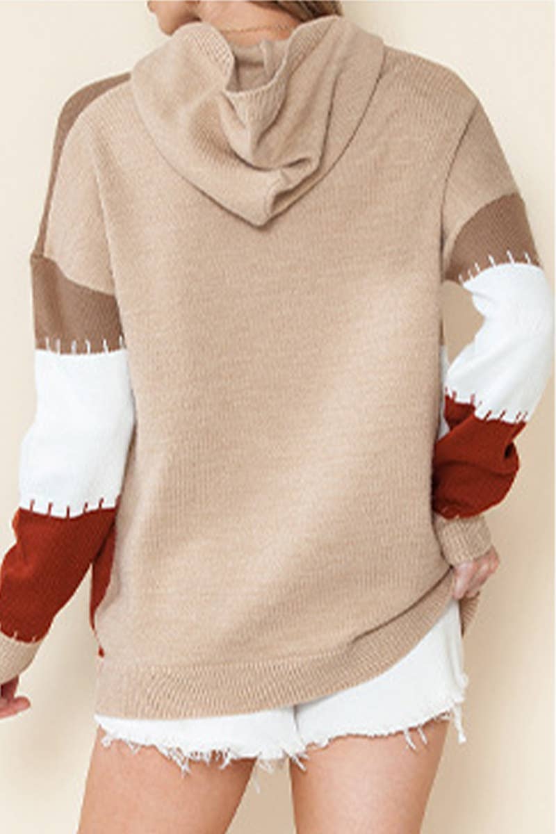 SLOUCHY HOODED PATCHWORK PULLOVER SWEATER