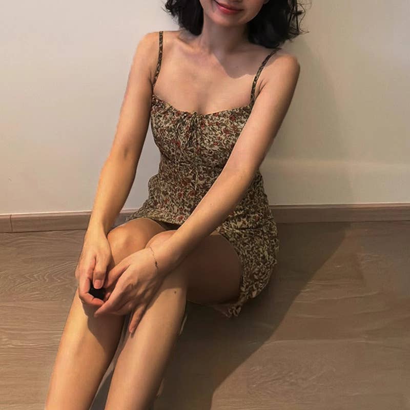 LACE-UP PRINT SLIM-FIT HALTER DRESS