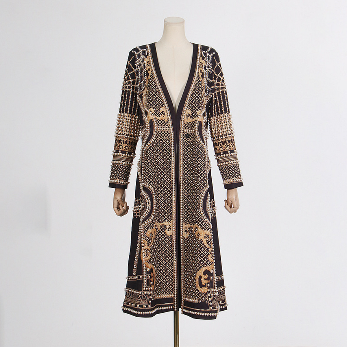 Elegant Loose Fit V-Neck Printed Long Trench Coat