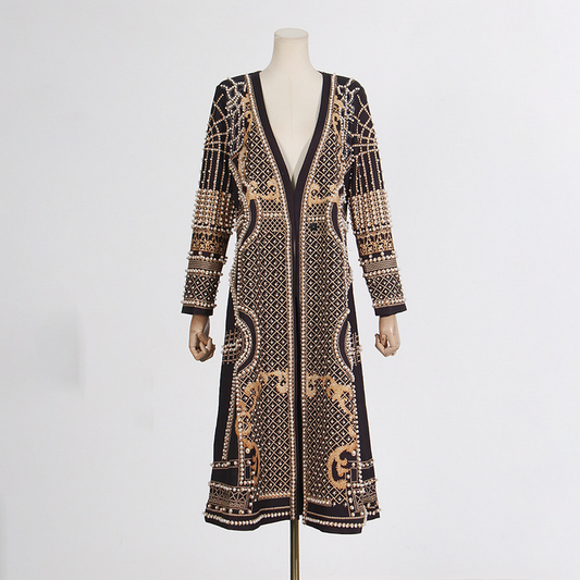 Elegant Loose Fit V-Neck Printed Long Trench Coat