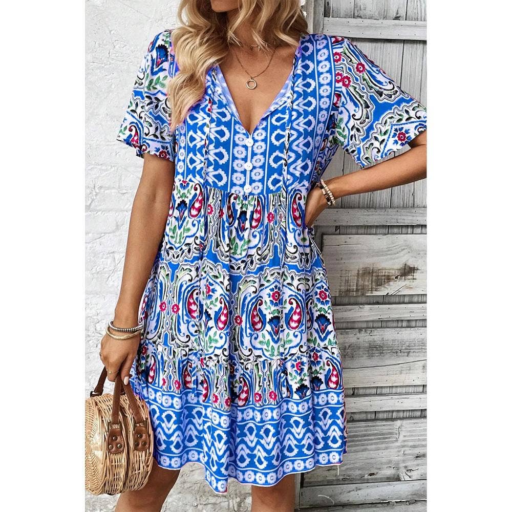 Ethnic style prints loose V-neck short dress