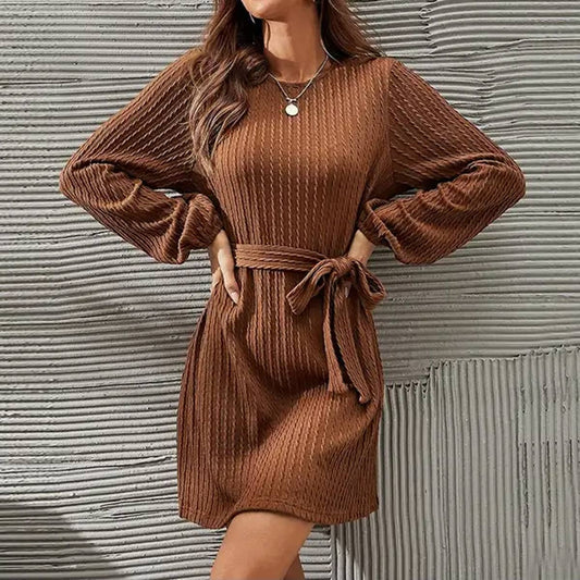 Long-sleeved twist knit puffy sleeve lace-up dress