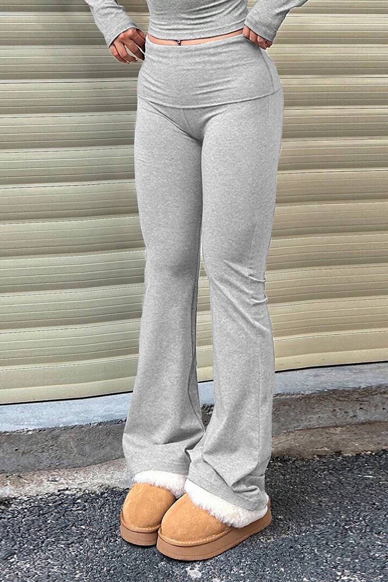 CWBLP1424_SOLID COLOR SLIM FIT WIDE WAIST FLARED TROUSERS