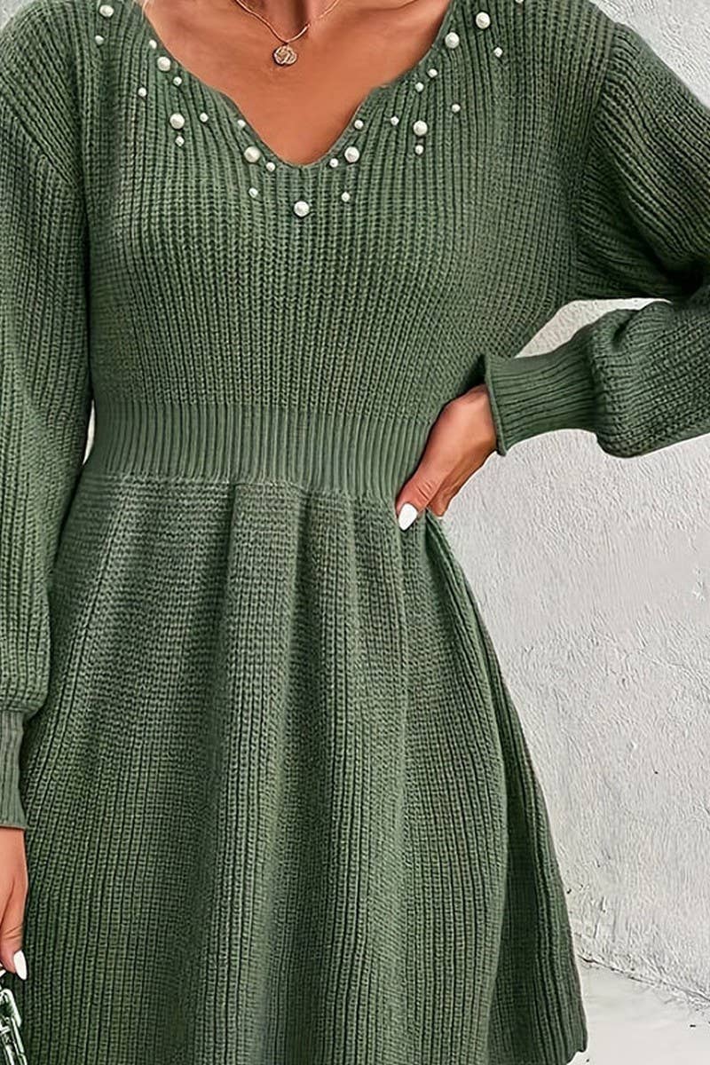 CWDSD7319_AUTUMN AND WINTER V-NECK PLEATED WAIST DRESS