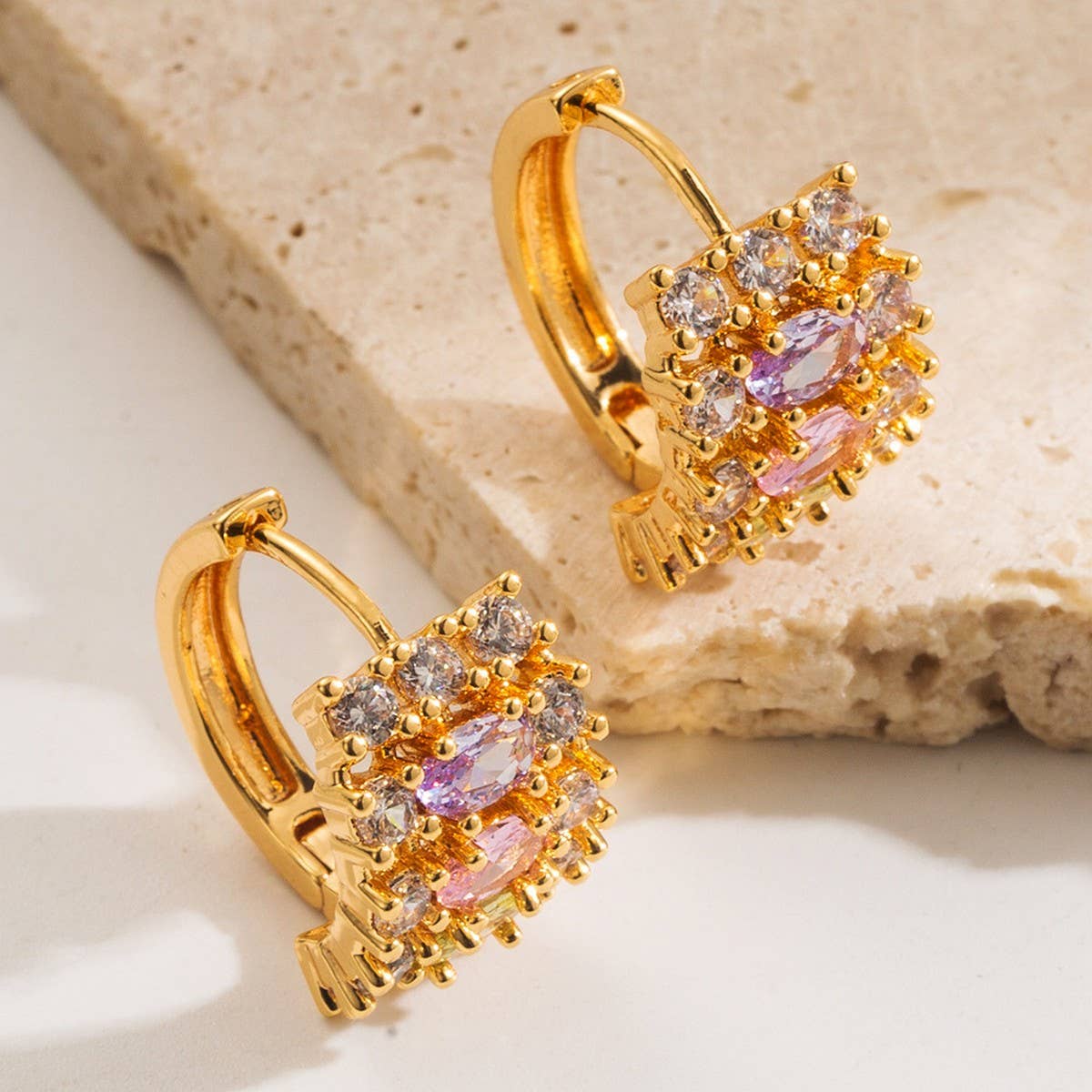 Colorful CZ Hollow Hoop Earrings Gold-Plated Brass