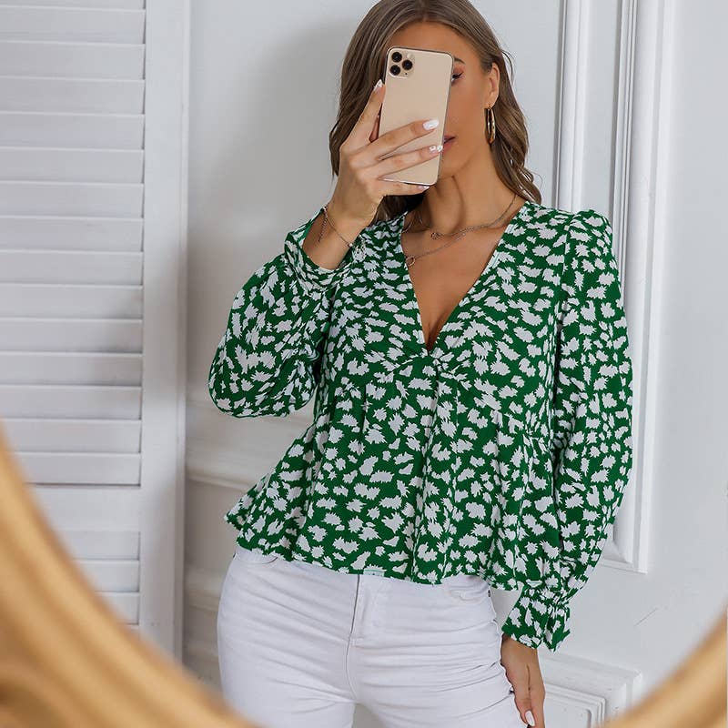 STYLISH LOOSE PRINTED V-NECK PULLOVER TOP