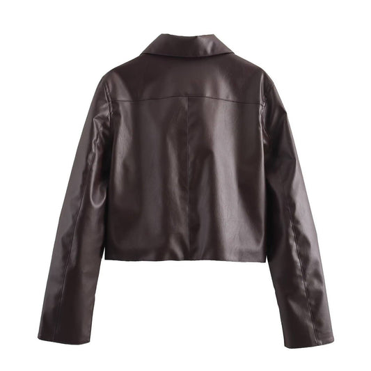 STYLISH SHORT PU LEATHER JACKET IN A SOLID COLOR