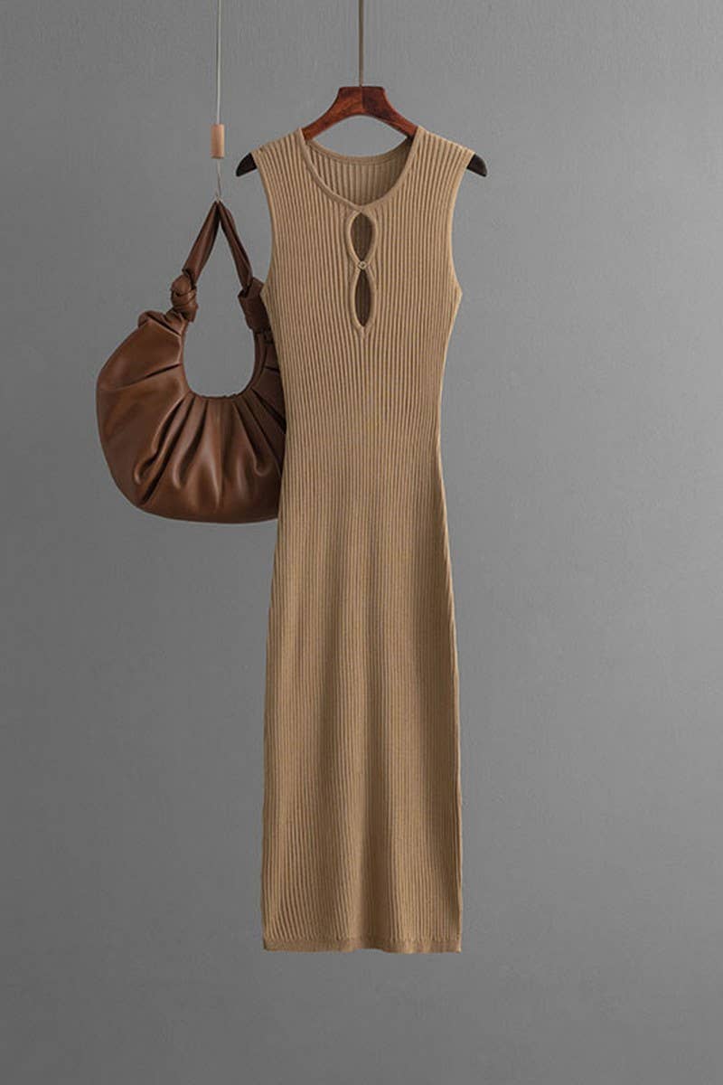 CWDMD01155_SLEEVELESS HOLLOW OUT KNIT BODYCON DRESS