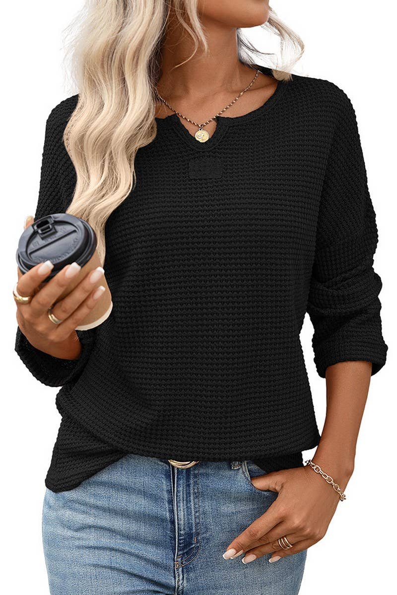 CWOSWL07716_STRIPED WAFFLE KNIT TOP WOMEN CASUAL LONG SLEEVE