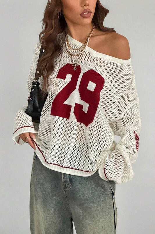 CWOSWL07739_2025 STREETWEAR NUMBER PRINT V NECK KNIT SWEATER