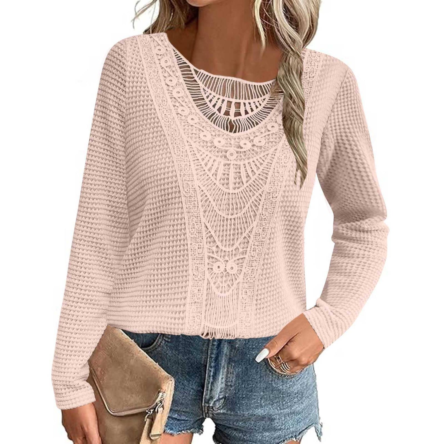 Solid-color teak lace patchwork top T-shirt