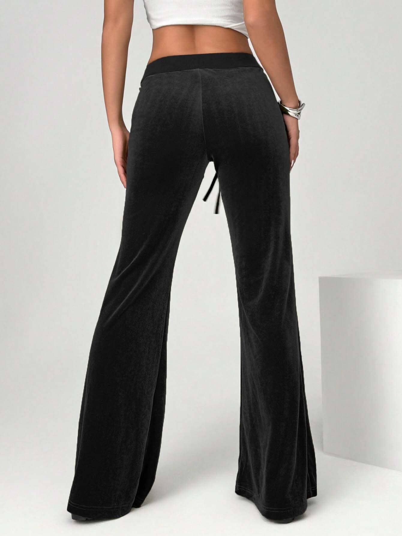 SIMPLE VELVET DRAWSTRING SKINNY WIDE-LEG PANTS