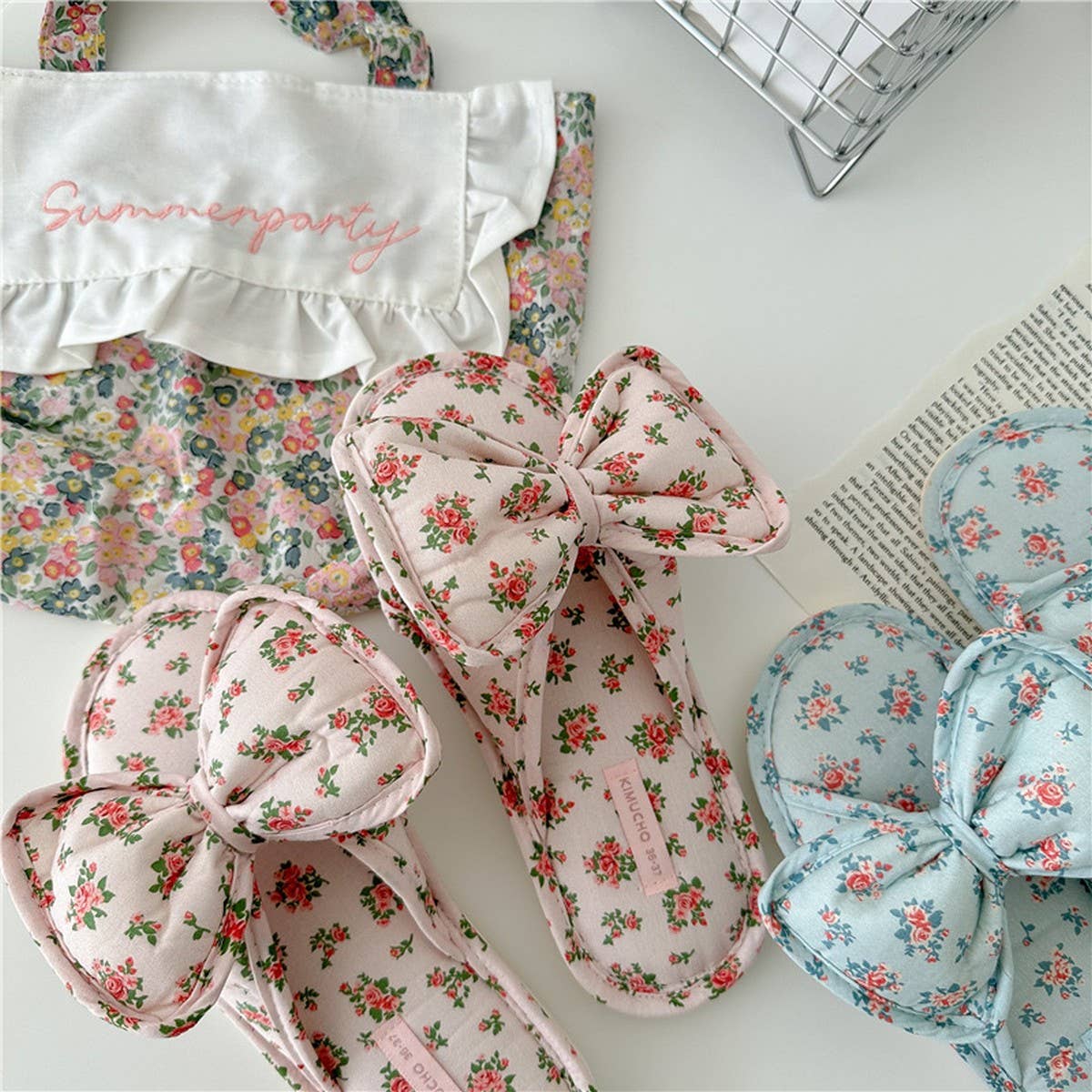 LIGHT BLUE FLORAL BOW-KNOT THICK-SOLED HOME SHOES