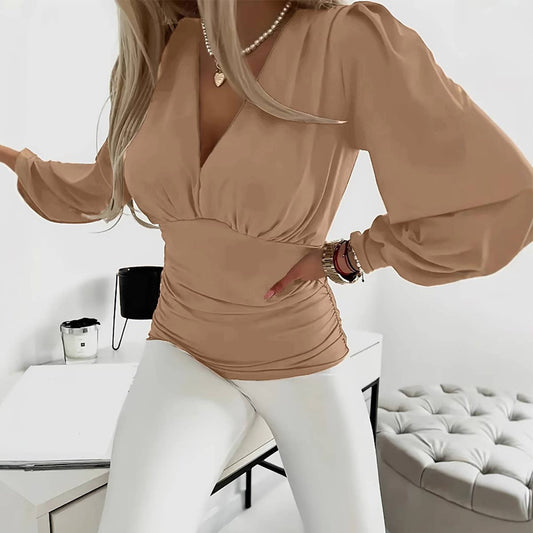 LONG SLEEVE FASHION V-NECK SOLID COLOR CASUAL TOP