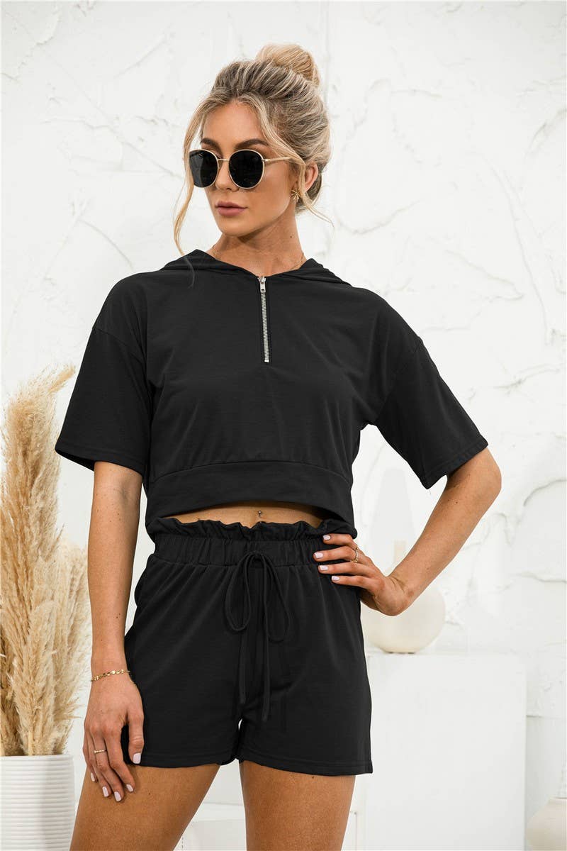 SOLID COLOR HOODED ZIPPER SHORTS CASUAL SUIT_CWSTB0437