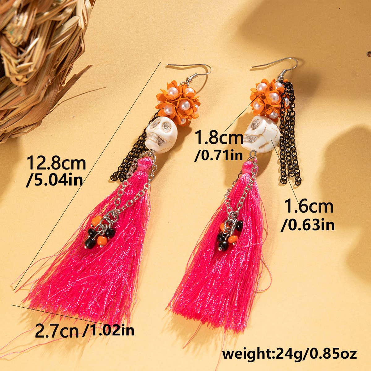 HALLOWEEN SKULL TASSEL RICE BEAD EARRINGS