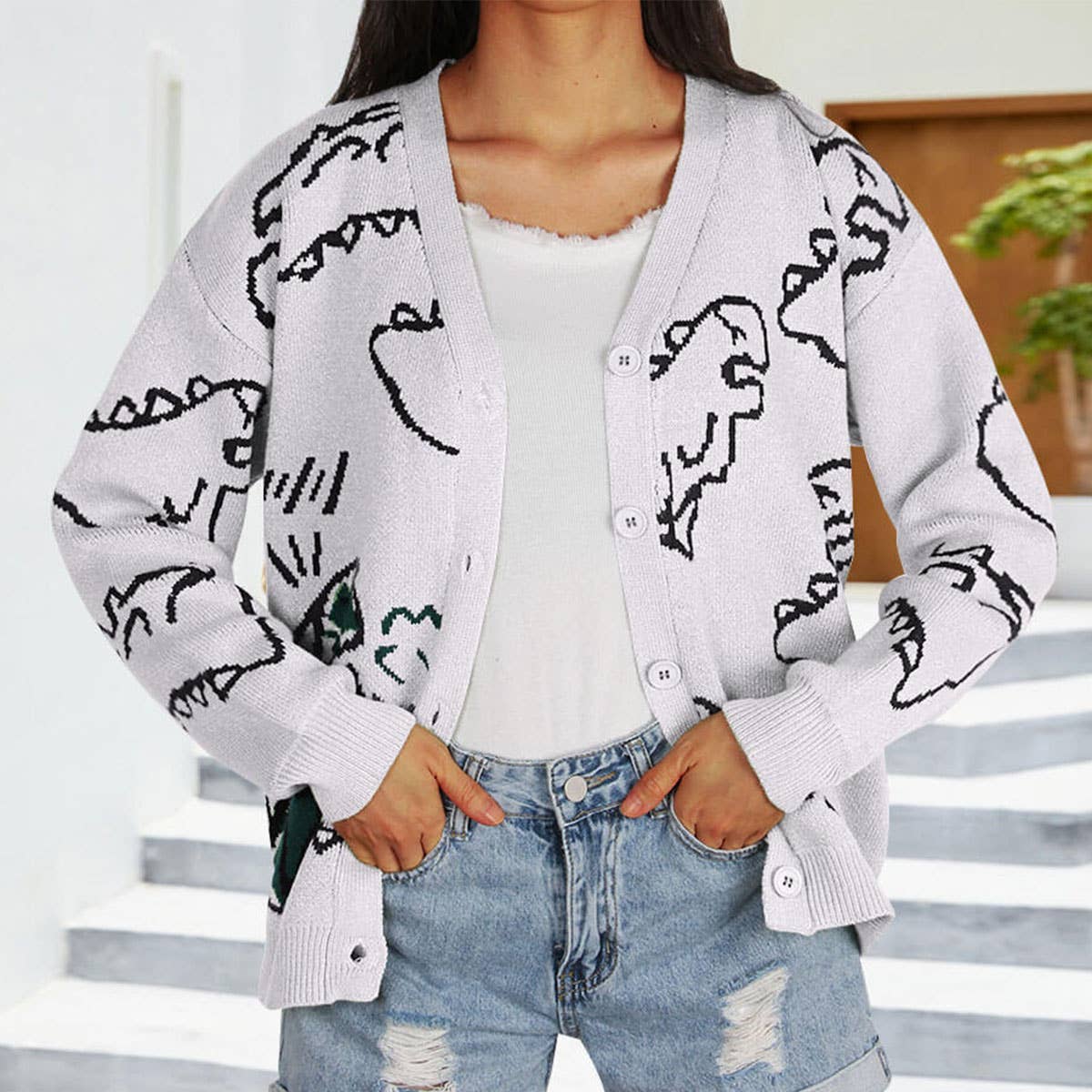 KNIT COAT LOOSE CARTOON DINOSAUR CARDIGAN