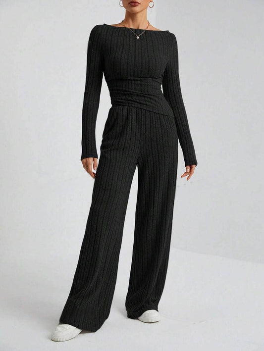 FASHION LONG SLEEVE WIDE-LEG PANTS TWO-PIECE SUIT