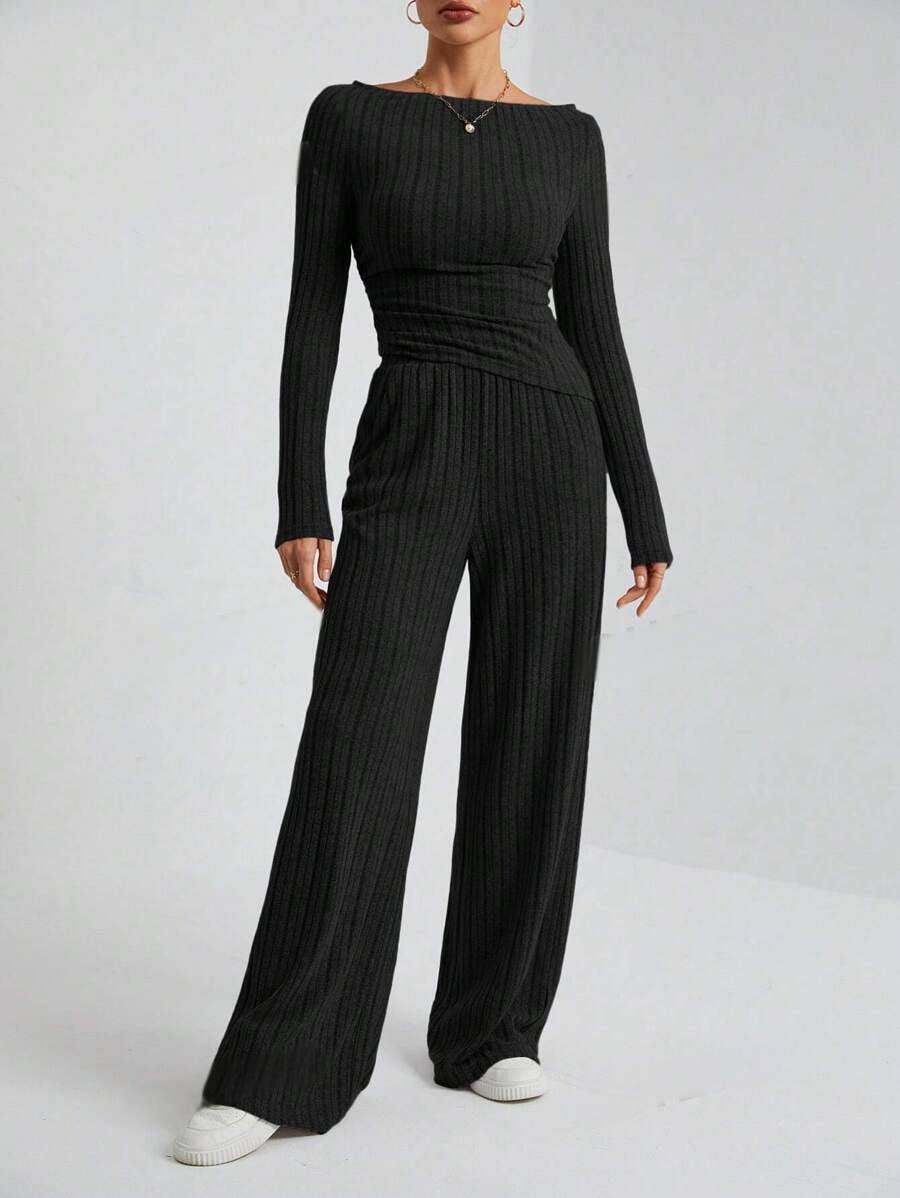 Solid-color high-neck knitted long-sleeved suit