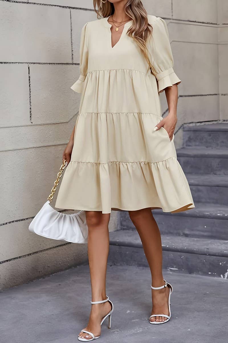 CWDSD10631_FASHIONABLE V-NECK SOLID COLOR LOOSE DRESS