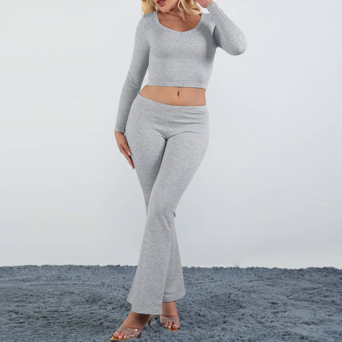 Solid-color long-sleeved flared trousers set