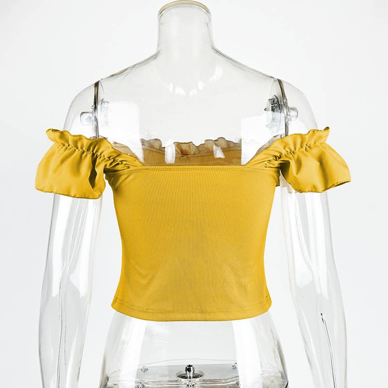 Solid color one-line shoulder ruffle trim top