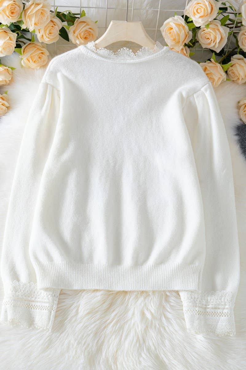 CWOSWL07426_V-NECK LACE PANEL LONG-SLEEVED SWEATER