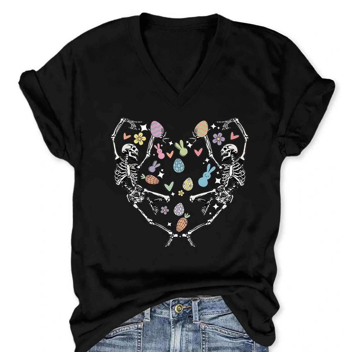 EASTER FUN PRINTED SKULL PERSONALITY VNECK TEES_CWTTS0868