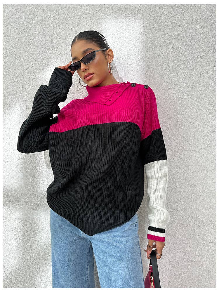 HOODIE OFF-SHOULDER SWEATER IN CONTRASTING COLORS