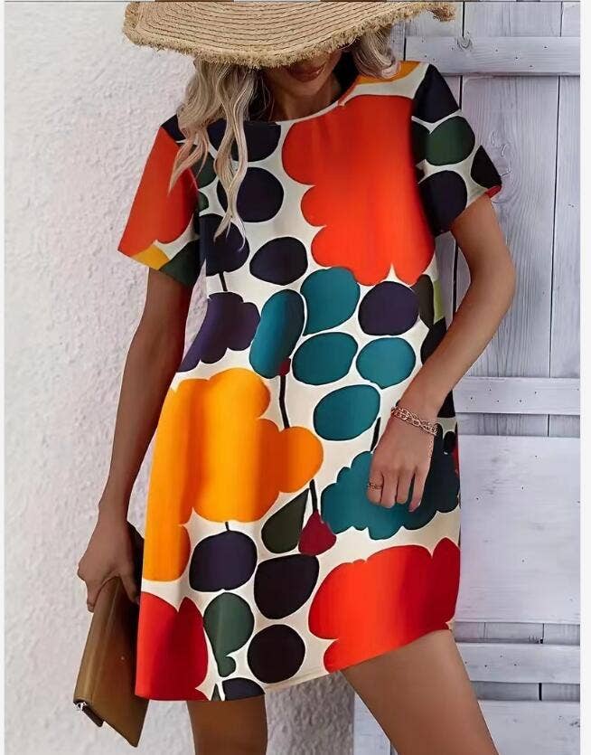 Holiday print crew neck short-sleeved dress