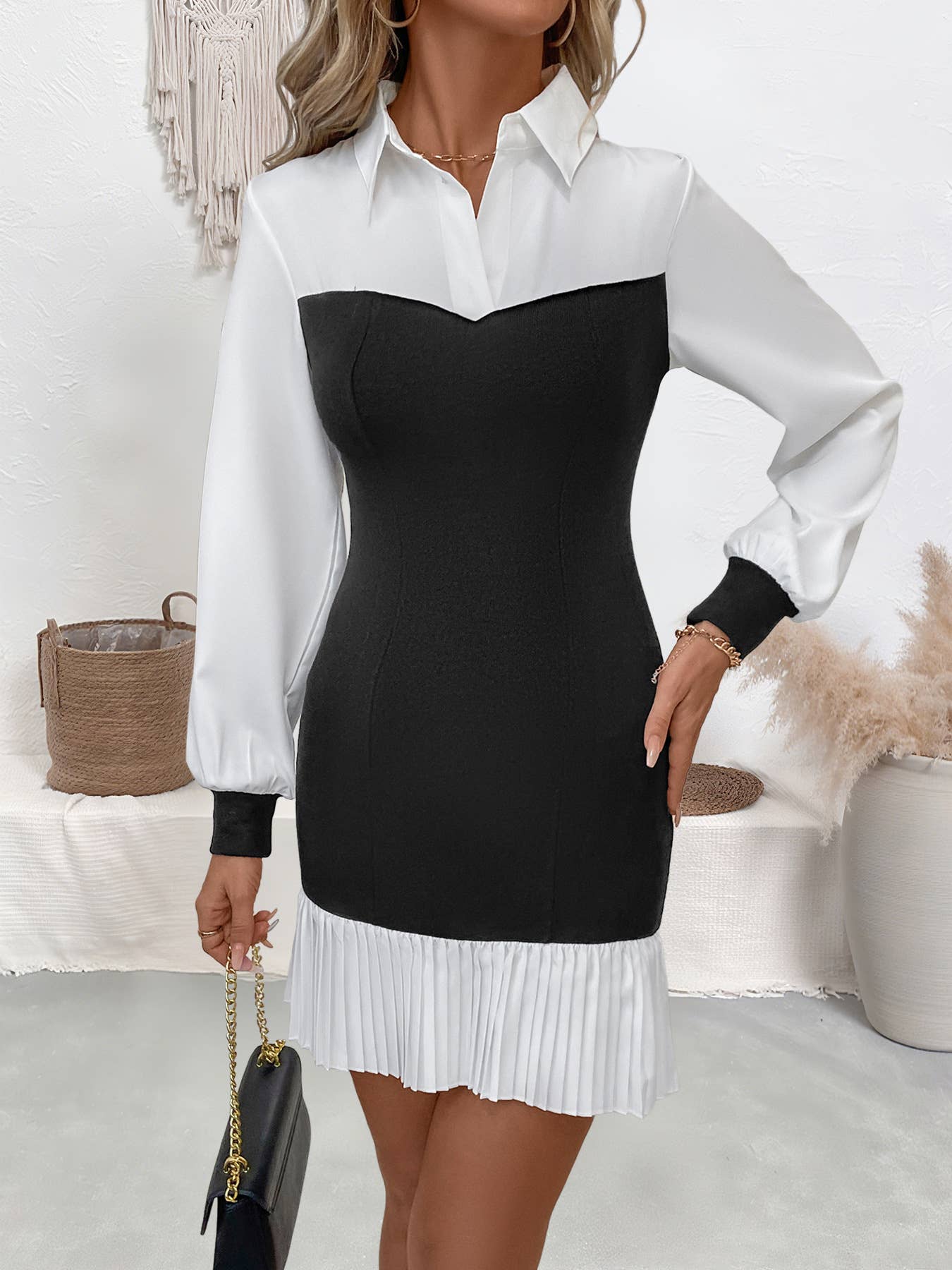 Temperament clash color false two pack hip dress