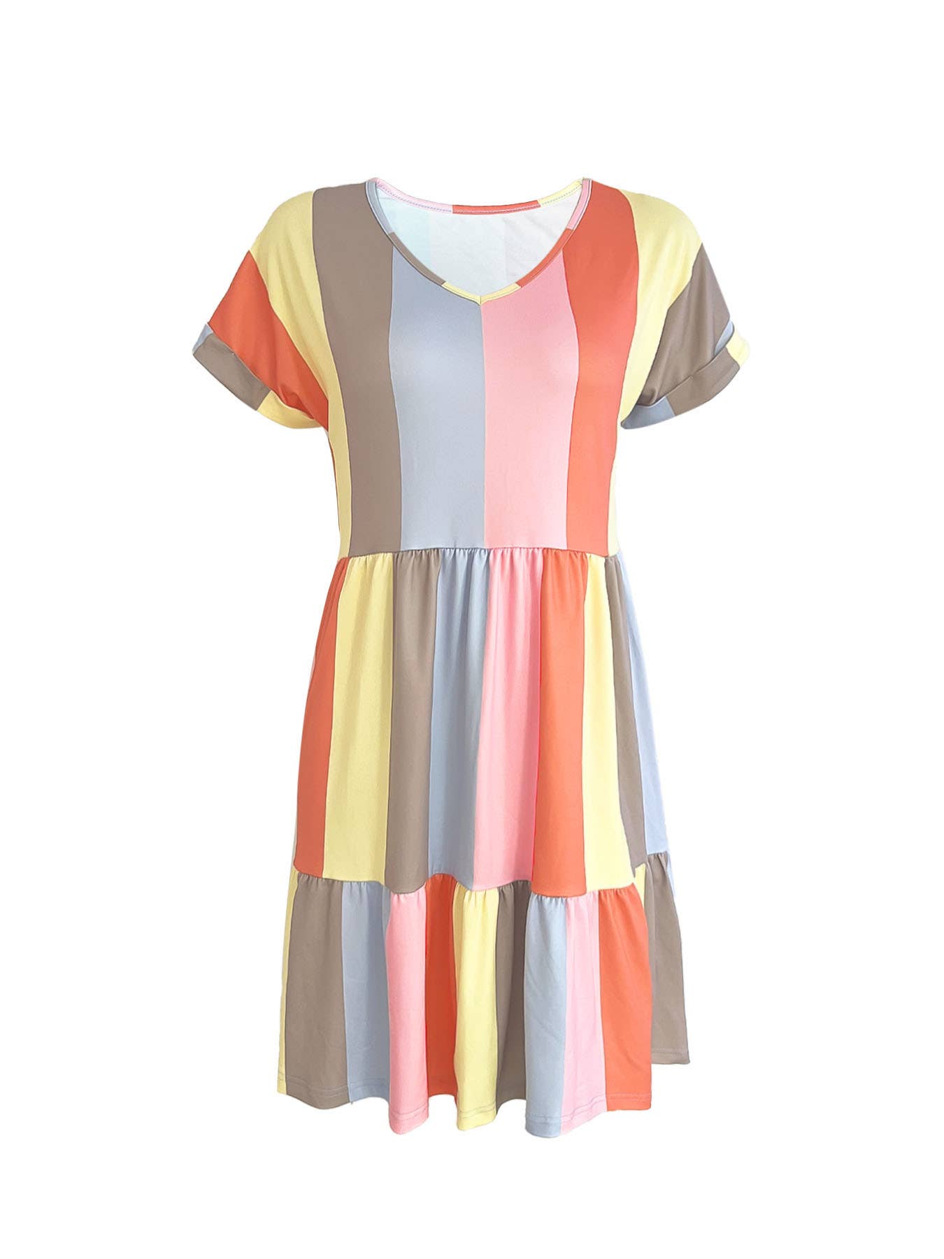 Multi-color contrasting printed V-neck dress