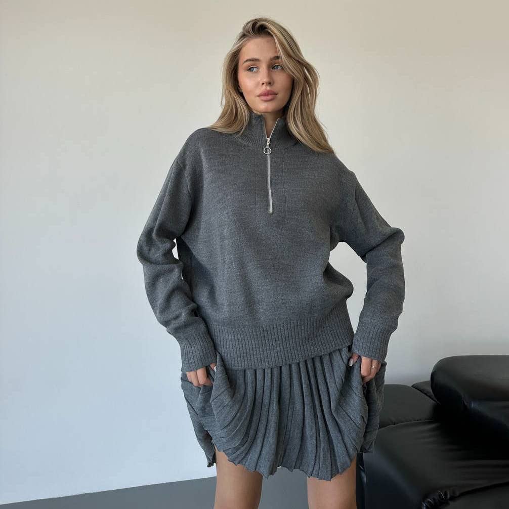 Two-piece knitted sweater and short skirt set