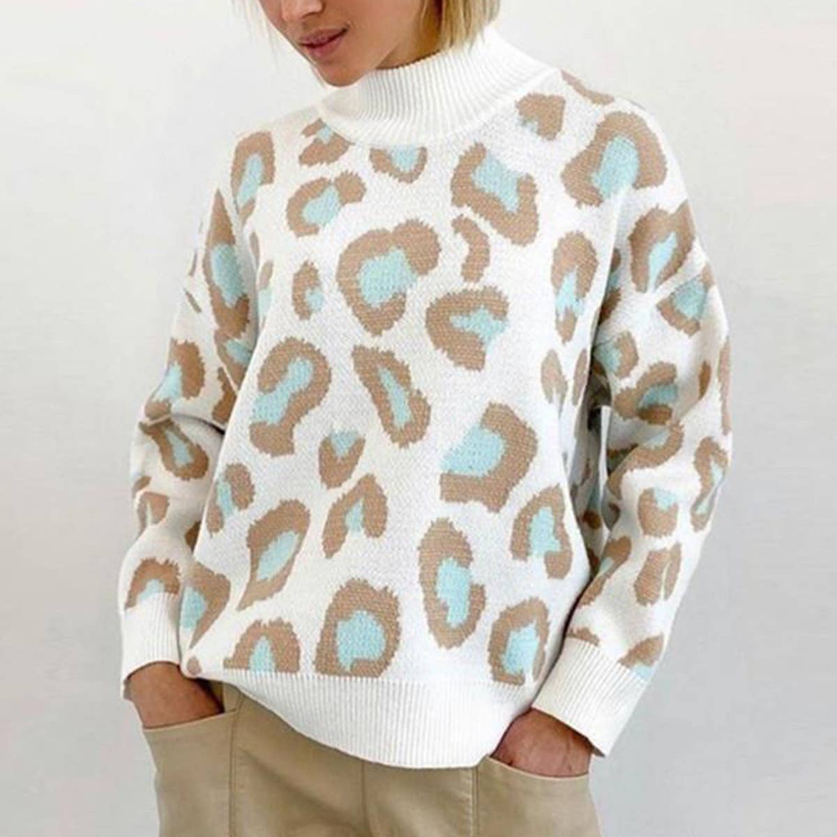 LEOPARD-PRINT HALF-TURTLENECK SWEATER LOOSE WOOL