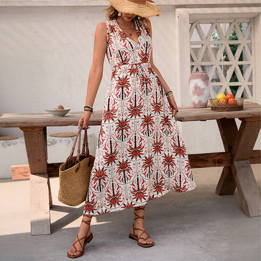 Vacation V-neck high waist A-line dress