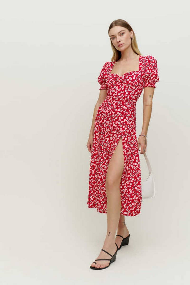 CWDMD5694_SQUARE NECK PUFF SLEEVE FLORAL SLIT MAXI DRESS