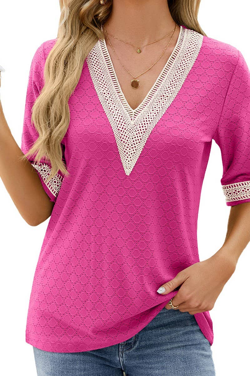 V NECK LACE STITCHING SOLID COLOR LOOSE TOP_CWTSTS0187