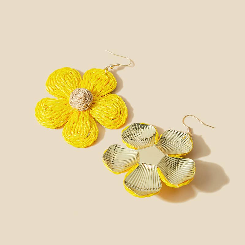Woven raffia grass exaggerated flower earrings