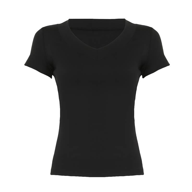Sexy solid color V-neck short-sleeved base shirt