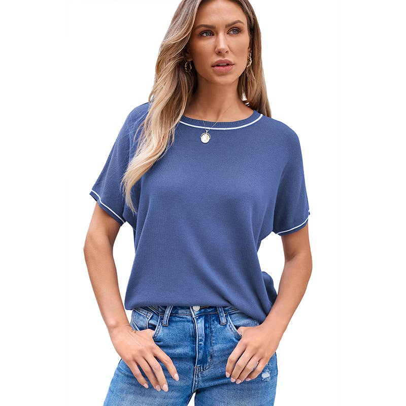 Round-neck,short-sleeved, color-blocked sweater